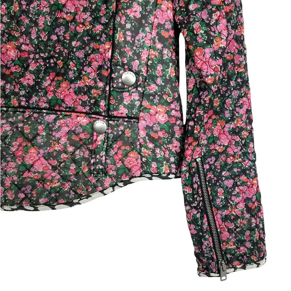 Coach Quilted Chiffon Floral Moto Jacket Pink Green XS New!